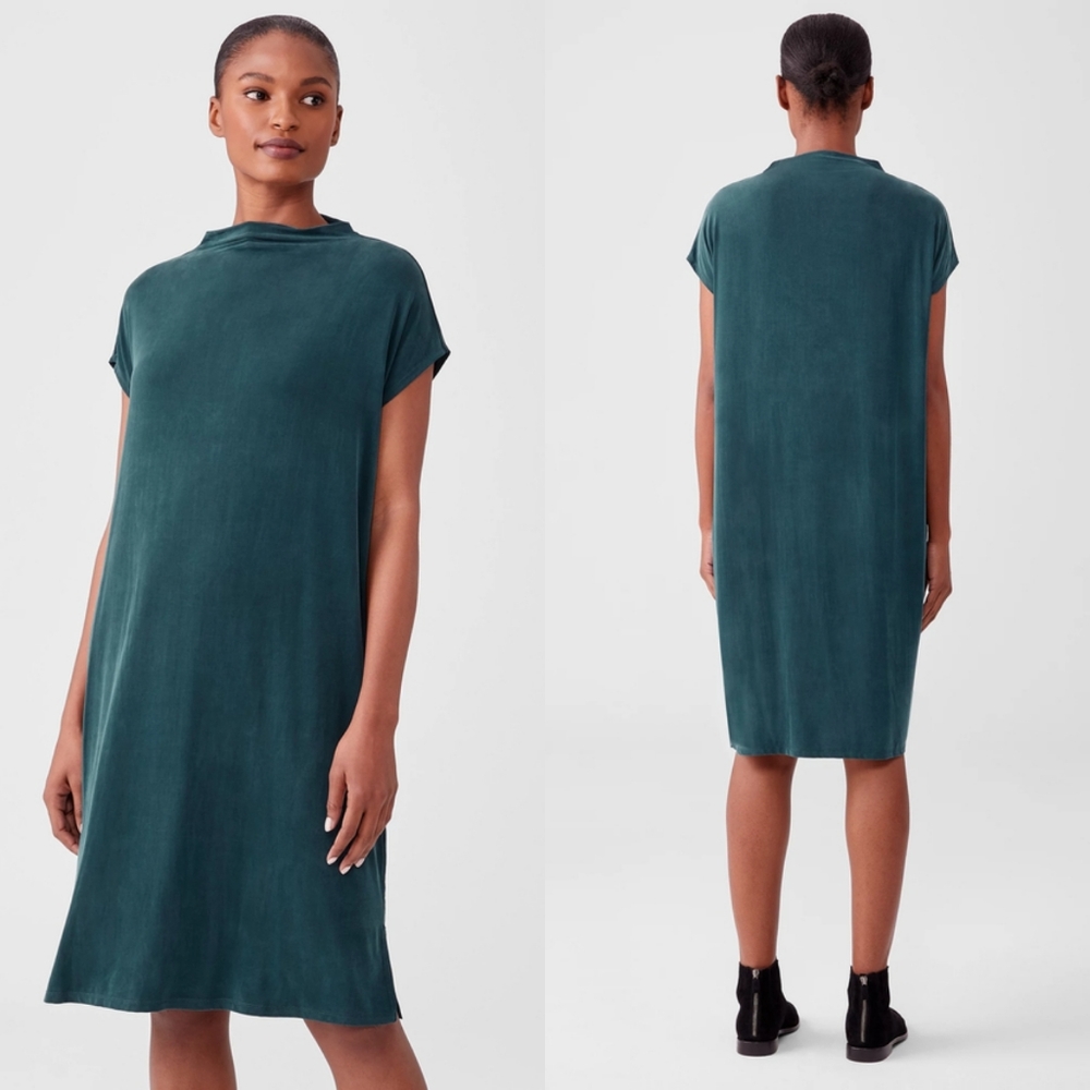 Eileen Fisher Sueded Cupro Knit Funnel Neck Dress Deep Aegean